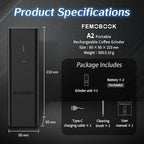 Femobook-A2 Portable Electric Coffee Grinder, Cordless Burr Grinder USB Rechargeable Coffee Grinder Magnetic Grounds Cup Travel & Home Brewing, Black