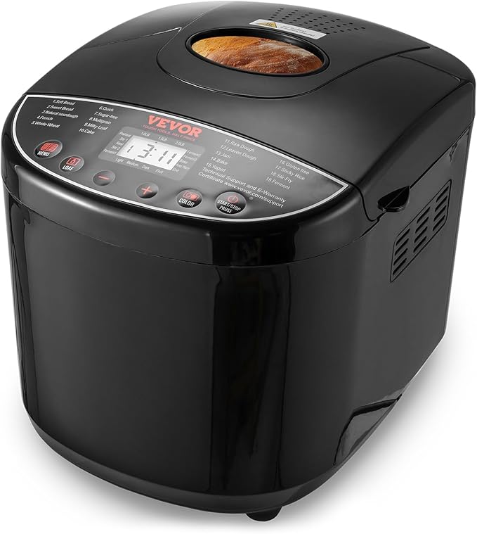 VEVOR Bread Maker, 19-in-1 2LB Dough Machine, Nonstick Ceramic Pan Automatic Breadmaker with Gluten Free Setting, Whole Wheat Bread Making, Digital, Programmable, 3 Loaf Sizes, 3 Crust Colors