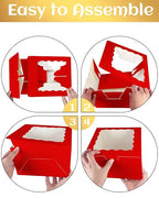 qiqee 8x8x5 Cake Box, 18 Sets Red Cake Box with Window ＆ 18 Sets 8" Red Cake Round Boards, 8inch Cake Containers