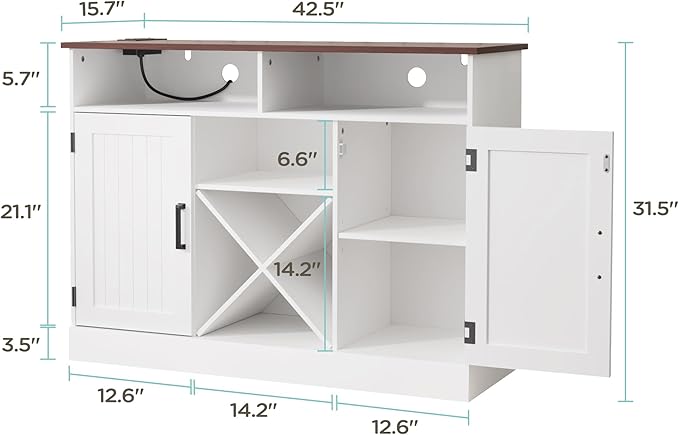 MHOM Farmhouse Coffee Bar Cabinet with Prower Outlets, Rustic Liquor Cabinet with Wine Rack, Wooden Wine Cabinet for Dining Room & Living Room, White
