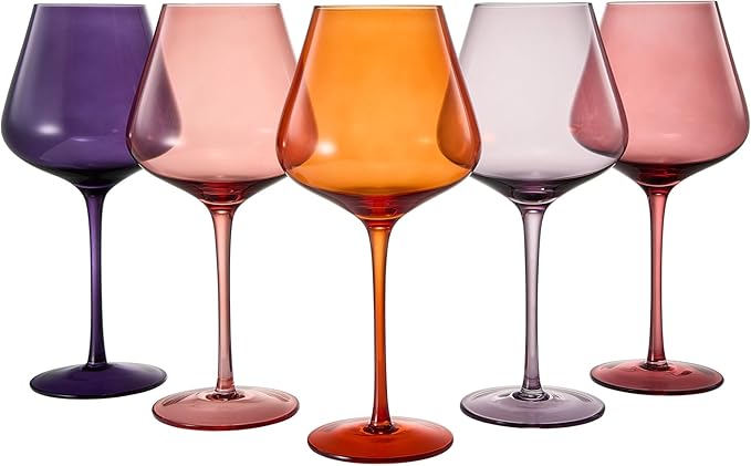 Khen Sunset Colored Crystal Wine Glass Set of 5, Large 20 OZ Glasses, Bright Italian Style Tall Stemmed Drinkware for Red & White Wine, Water Dinner Glasses, Color Beautiful Glassware - (Stemmed)