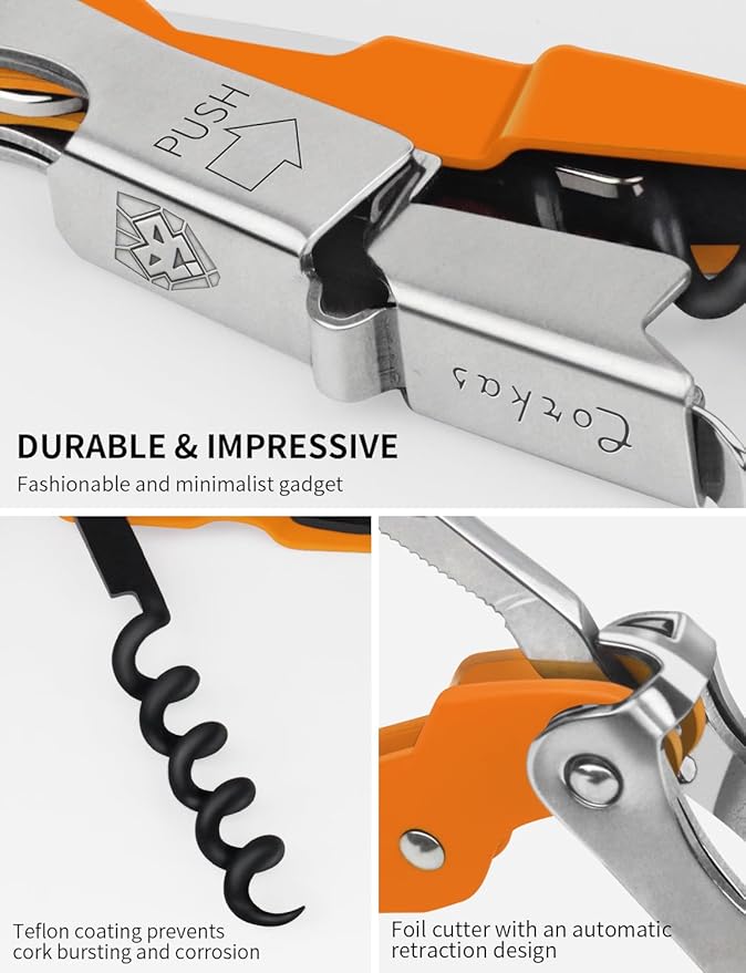 CORKAS Wine Key - Professional Handcrafted Heavy Duty Waiter Corkscrew, Compact Wine Opener with Double Hinged, Foil Cutter and Bottle Opener, Gifts for Servers, Sommelier, Bartenders - Orange