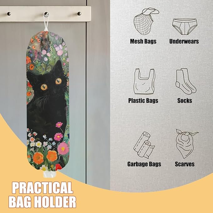 Flower Cat Plastic Bag Holder, Wall Mount Grocery Bag Holder, Plastic Storage bag, Pull Rope Free Adjustment, Plastic Bag Holders for Grocery Bags, Plastic Bag Dispenser for Home Kitchen Pantry
