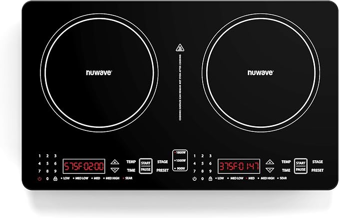 Nuwave PIC Double Portable Induction Cooktop, 900W/1500W/1800W Options, Two 8” Heating Zones, 106 Precise Temperatures from 50°F–575°F in 5°F Increments, Shatter-Resistant Ceramic Glass