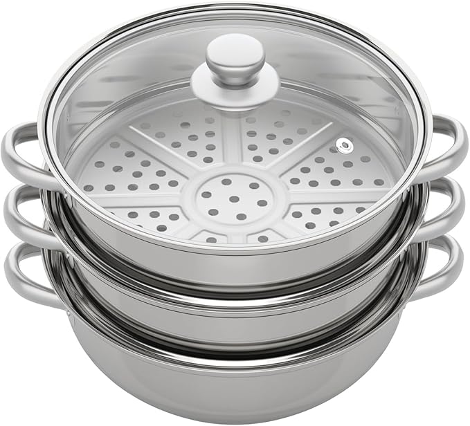 3-Tier Food Steamer Pot for Cooking - 12.8in Stainless Steel Steamer w/Lid Cookware For Vegetable,Dumpling, Crab, Stock