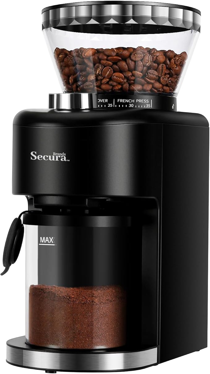 Secura Brands Conical Burr Coffee Grinder Electric Espresso Coffee Grinder with 35 Ajustable Precise Grind Settings for 2-12 Cup 8.8 Ounce Coffee Bean Storage
