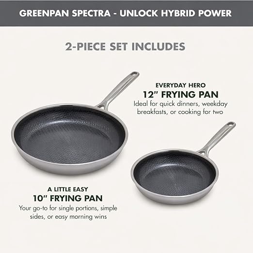 GreenPan Spectra 10" & 12" Frying Pan Skillet, Hybrid Tri-Ply Stainless Steel, PFAS-Free Ceramic Nonstick Textured Cooking Surface, Induction Cookware, Diswasher Safe, Oven & Broiler Temp to 850˚F
