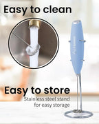 Elementi Electric Milk Frother Handheld - Create Creamy Coffee, Delicious Matcha and Perfect Drinks - Compact Whisk & Mixer with Stand (Pastel Blue)