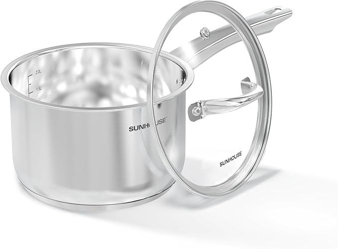 SUNHOUSE – 3 Quarts Stainless Steel Sauce Pan with Lid - PFOA-Free, Stainless Steel Sauce Pan, Advanced Impact Bonding Induction Base, Stay-Cool Handle, Compatible with All Cooktops