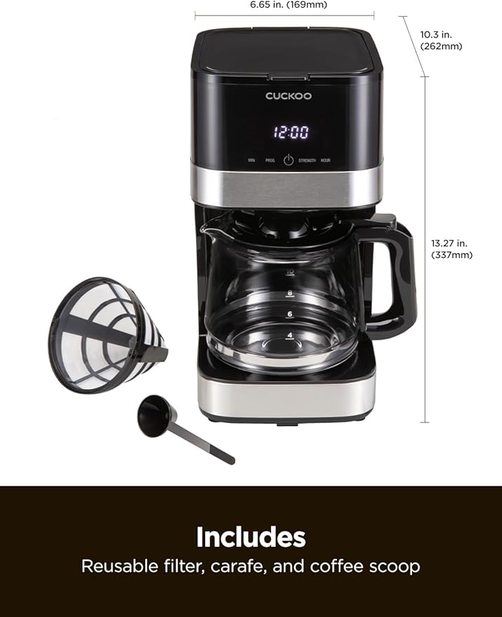 CUCKOO Classic 10-Cup Drip Coffee Maker, Easy To Use Coffee Machine with Programmable Timer, Includes Glass Coffee Pot with Two Brew Strength Settings and Reusable Mesh Filter (CCM-BD011B)