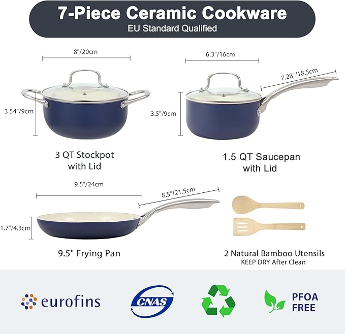 M MELENTA Pots and Pans Set, 7 Piece Nonstick Ceramic Cookware Set, Kitchen Induction Cookware Sets, Pots and Pans Non Stick with Oven Safe Handle, 100% PFOA Free, Blue
