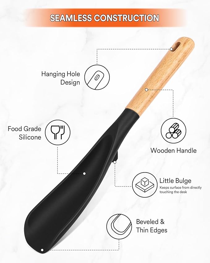 Cooking Spoon for Nonstick Cookwares, Great for Cooking and Serving Sturdy BPA-Free Matte Silicone, Wood Handle Spoon for Mixing, Scoop, and Scrape (Black & Red, 11.4 inch)