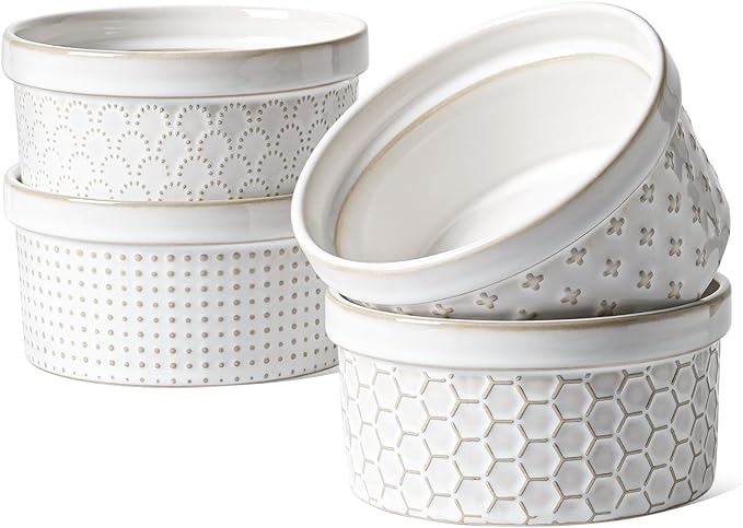 LE TAUCI Ramekins 12 oz, Ramiken for Creme Brulee, Souffle, Dipping Sauce, Ceramic Embossment Housewaming Present -4.8 inch, Set of 4, Arctic White