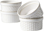 LE TAUCI Ramekins 12 oz, Ramiken for Creme Brulee, Souffle, Dipping Sauce, Ceramic Embossment Housewaming Present -4.8 inch, Set of 4, Arctic White