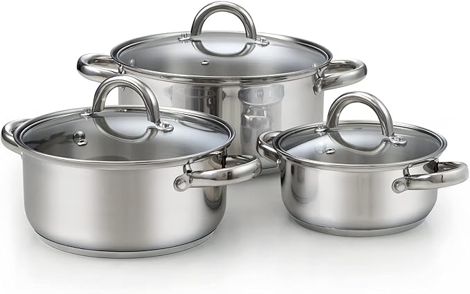 Cook N Home 6-Piece Stainless Steel Pots Set, 1.5 & 3 Qt Sauce Pots with Lids, 5.5 Qt Dutch Oven Stockpot, Induction Compatible, Dishwasher & Oven Safe, Riveted Handles