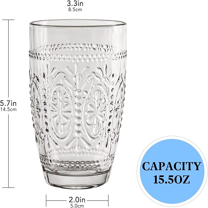 CREATIVELAND Colored Vintage Drinking Glasses Set of 4, 15.5 oz Romantic Embossed Water Glasses, Colored Tumblers Tempered Glass for Juice, Beverages, Beer, Cocktail (Gray)