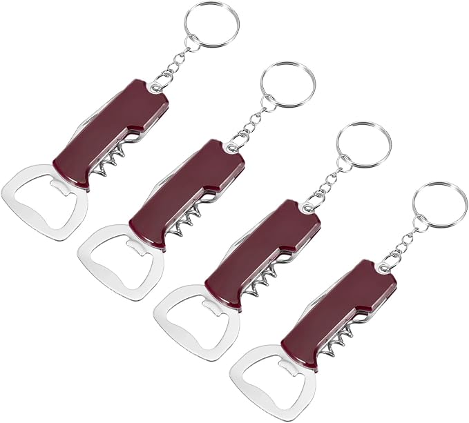 uxcell 4 Pcs Wine Opener, Bottle Opener Keychain, Durable Stainless Steel Waiter's Corkscrew, Compact All-In-One Home Bar Tool for Bar, Party, Wedding, Home, Travel, Dark Red