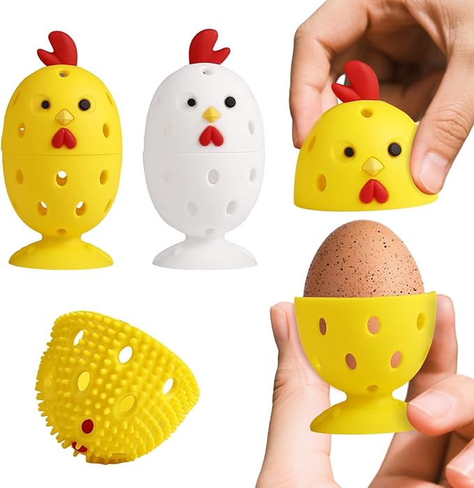 wonlex 4PCS Egg Brush Cleaner Multipurpose Fruit and Vegetable Rotating Scrubber Tool for Fresh Eggs, Reusable Chicken Duck Egg Washer Scrubber (White+Yellow)