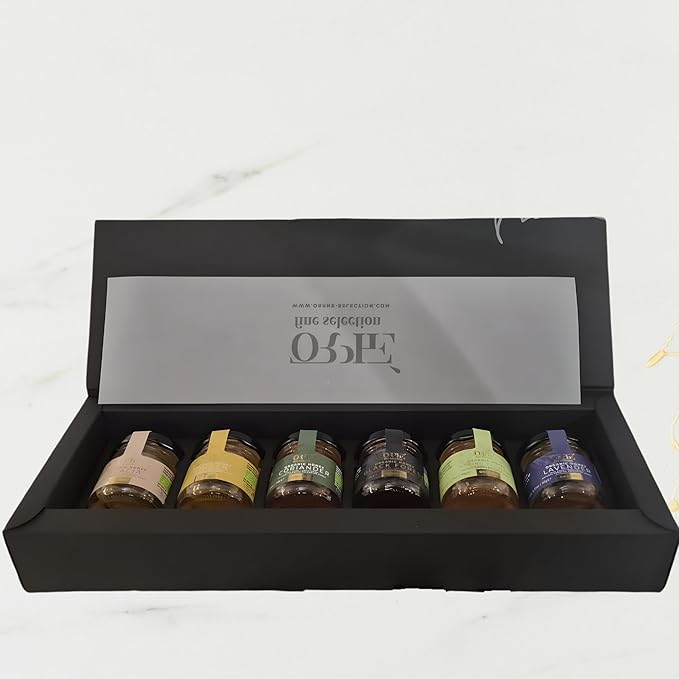 Orphe Organic Honey Gift Set, 6 Flavor Tasting Collection in Glass Jars – Acacia, Lavender, Linden, Coriander, Spring Flowers & Forest – Unfiltered & Unheated, Natural Honey Gift Box