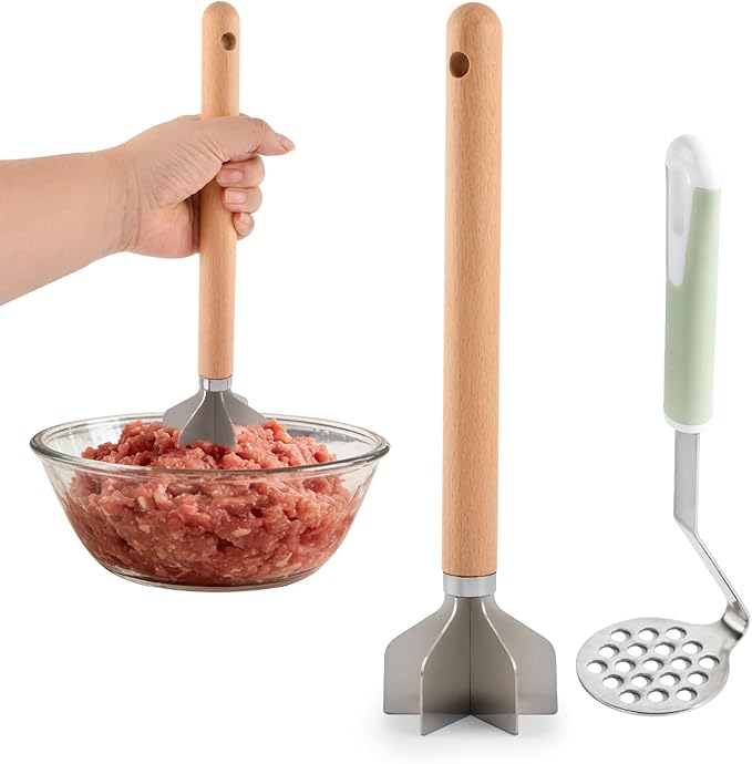 Stainless Steel Meat Chopper Masher with Potato Masher, 6 Blade Ground Beef Chopper Hamburger Smasher Tool with Wooden Handle, Kitchen Tool for Vegetables, Fruits, Beans, Meat