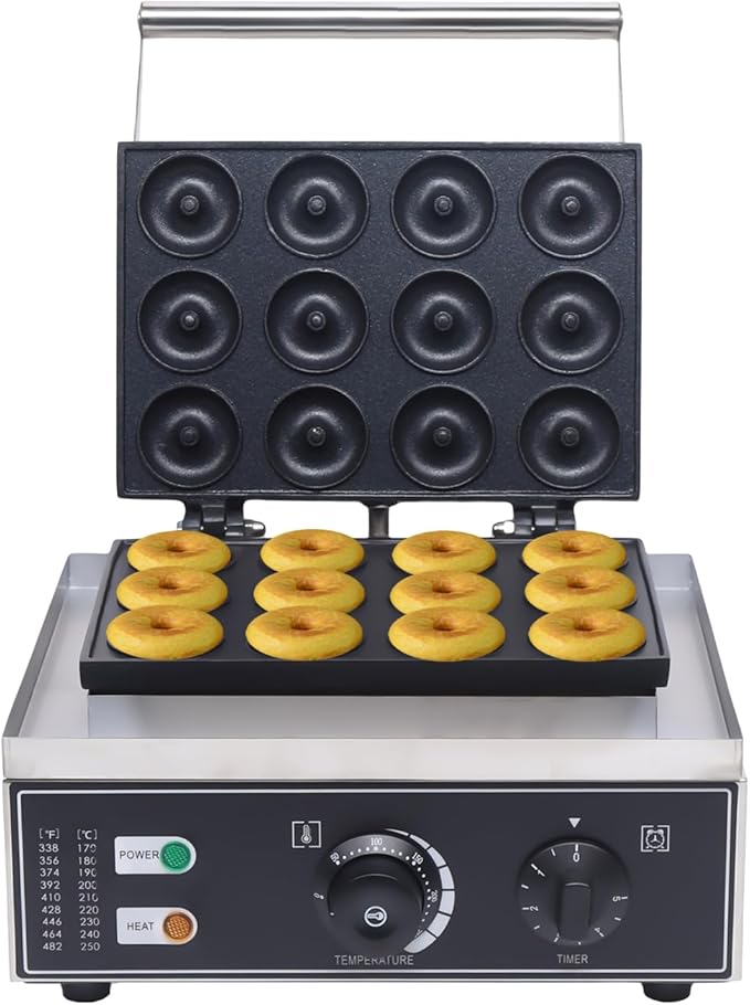 Commercial Waffle Donut Machine, 110V 1550W Electric Donut Maker w/Non-stick Surface, Temperature 122-572℉, 12 Holes Double-Sided Heating Doughnut Waffle Maker for Home Bakery Mall (12 Donut Holes)