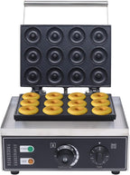 Commercial Waffle Donut Machine, 110V 1550W Electric Donut Maker w/Non-stick Surface, Temperature 122-572℉, 12 Holes Double-Sided Heating Doughnut Waffle Maker for Home Bakery Mall (12 Donut Holes)