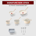 T-Fal Signature Nonstick 12 Piece Cookware Set, Oven Safe Up to 350°F, Dishwasher Safe, Pots and Pans Set, Includes Frying Pans, Saucepan, Stockpot, Cooking Utensils, Beige