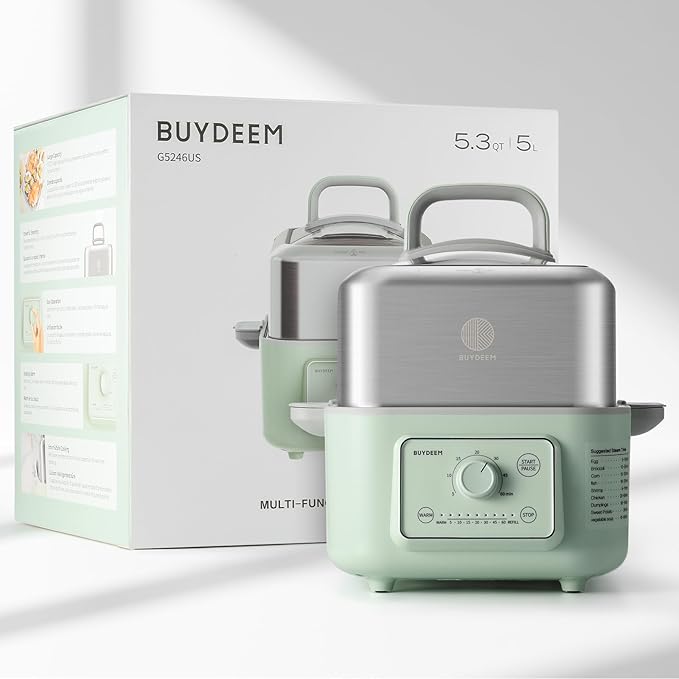 BUYDEEM G52 5.3 Quart Electric Food Steamer for 2-4 Servings, Vegetable Steamer for Cooking, 2-hour Keep Warm, 7 Preset Timings, Dual Boil-Dry Protection, Stainless Steel, Cozy Greenish