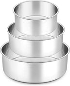 P&P CHEF 6 + 8 + 9.5 Inch Cake Pans Set, Round Baking Pan Stainless Steel Layer Birthday Wedding Cake Oven Pans, Non Toxic & Heavy Duty, Deep Side & Mirror Finish, Dishwasher Safe, (3Pcs)