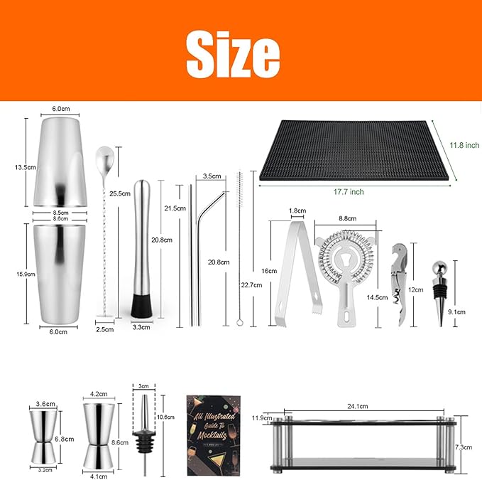 Cocktail Shaker Set, 16-Piece Boston Stainless Steel Bartender Kit with Bar Mats and Bar Set with Acrylic Stand, Professional Bar Tools for Party, Bar, Home (Include Cocktail Recipes Booklet)