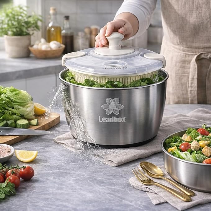 Stainless Steel Salad Spinner, 6L Heavy-Duty Lettuce Dryer with Smooth Spin Handle, Large Vegetable Washer & Fruit Rinse Bowl, Non-Slip Base