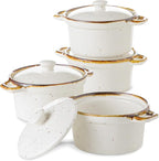 ONEMORE Ramekins with Lids, 12 oz Ceramic Small Casserole Dish with Handles & Brown Rim for Baking Soup, Speckled Oven Safe Mini Dutch Oven Rustic Cocotte Set of 4 for Individual Serving, Creamy White