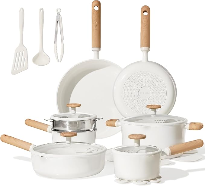 CAROTE Ceramic Cookware Set Nonstick, 21pcs Pots and Pans Set Nonstick, Non-Toxic & PFAS-Free, Dishwasher, RV/Camping Cookware Set, Cooking Pots with Lids, Charcoal Black, Cream