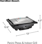 Hamilton Beach Panini Press, Sandwich Maker & Electric Indoor Grill, Upright Storage, PFAS-Free Nonstick Easy Clean Grids, Stainless Steel (25410)