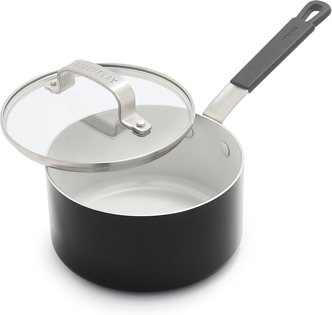 GreenPan x Bobby Flay 1.67QT Nonstick Saucepan with Glass Lid, PFAS-Free Diamond Ceramic, Induction Suitable, Stay-Cool Silicone Handle, Easy Clean Dishwasher & Oven Safe, Chef Pan, Graphite