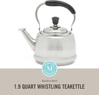 Martha Stewart Kingstree Large 2 Qt Stainless Steel Tea Kettle – Heavy Gauge Durable Whistling Tea Kettle for Stove Top, Easy Pour, Classic Design
