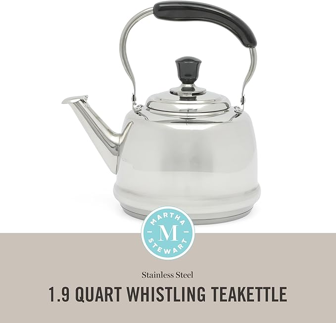 Martha Stewart Kingstree Large 2 Qt Stainless Steel Tea Kettle – Heavy Gauge Durable Whistling Tea Kettle for Stove Top, Easy Pour, Classic Design