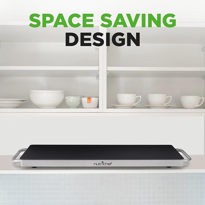 NutriChef Portable Electric Food Hot Plate-Stainless Steel Warming Tray&Dish Warmer with Black Glass Top-Keep Food Warm for Buffets,Restaurants,Parties&Home Dinners-22' x 6'-Heats up to 203°F