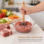 Stainless Steel Meat Chopper Masher with Potato Masher, 6 Blade Ground Beef Chopper Hamburger Smasher Tool with Wooden Handle, Kitchen Tool for Vegetables, Fruits, Beans, Meat