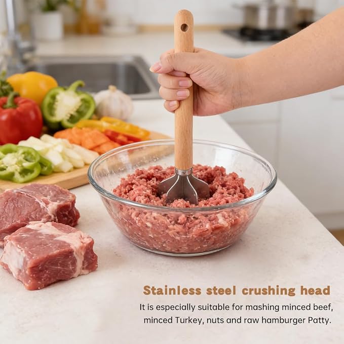 Stainless Steel Meat Chopper Masher with Potato Masher, 6 Blade Ground Beef Chopper Hamburger Smasher Tool with Wooden Handle, Kitchen Tool for Vegetables, Fruits, Beans, Meat