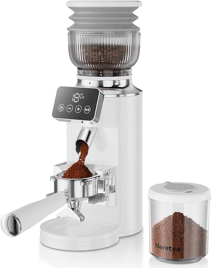 Neretva Espresso Grinder, 2 in 1 Professional Coffee Bean Grinder Stainless Steel Suit 51~58mm Portafilter Burr Coffee Grinder 30 Precise Setting&Anti-Static for Espresso/French Press/Drip/Moka-White
