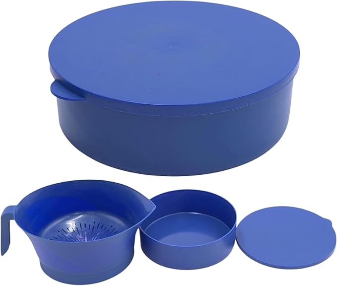 3-Piece Colander Grease Strainer Set – Blue Grease Separator with Handle, Container & Lid – Strains Bacon, Pasta, Ground Beef – BPA-Free Kitchen Gadget