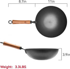 WANGYUANJI 11-Inch Round-Bottom Carbon Steel Wok with Glass Lid, Removable Wooden Handle, Traditional Pow Pan for Gas Flame/Wok Ring Only (Not for Flat-Top or Induction)
