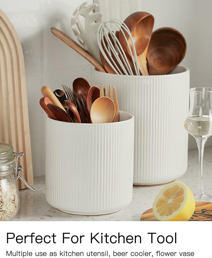 getstar Large Kitchen Utensil Holder for Kitchen Counter (H7.2” x W6.2”), Ceramic Cooking Utensil Holder with Cork Mat (White, Small(5.6"))