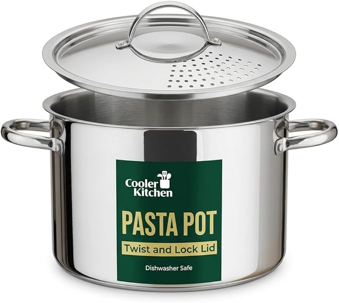 Stainless Steel Pasta Pot with Strainer Lid — 5.5 Qt Large Capacity Spaghetti Pot with Twist Lock Lid — Deep Cooking and Stock Pots for Boiling, Dishwasher Safe By Cooler Concepts