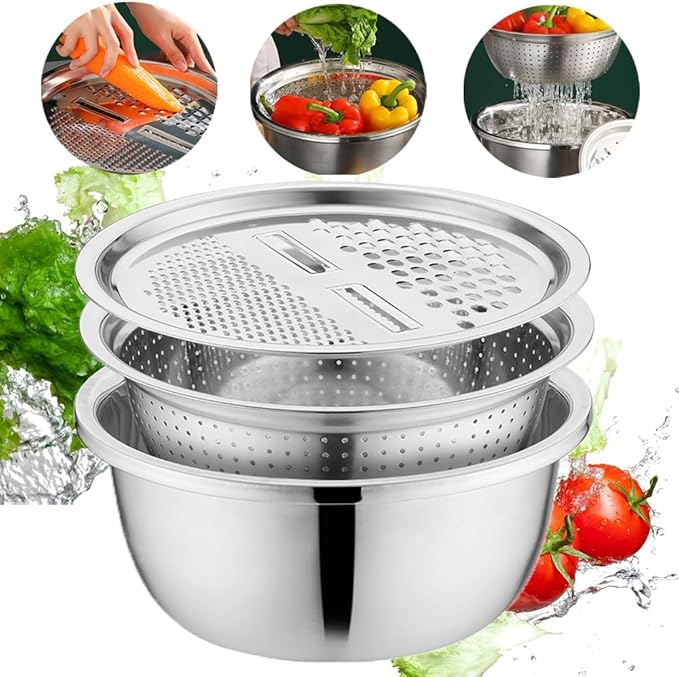 Germany Multifunctional Stainless Steel Basin, 3 in 1 Vegetable Grater Julienne Slicer Stainless Steel Colander, Fruit Slicer for Kitchen Vegetable Slicer Grater Strainer Drain Basket (10.2in, Silver)