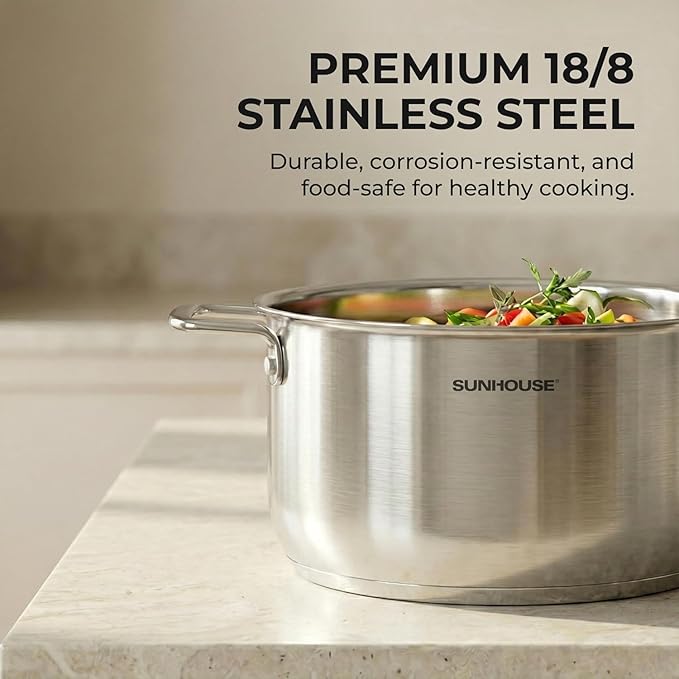 SUNHOUSE 18/8 Stainless Steel Stock Pot - 6.5 Quart Heavy-Duty Induction Cooking Pot with Visible Lid for Pasta, Soup, Spaghetti - Nonstick Thick-Bottom Deep Stockpot