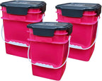 House Naturals 4 Gallon Square Food Grade Bucket Pail with Plastic Handles and Lid (Pack of 3) Made in USA containers (Magenta - Black lids)