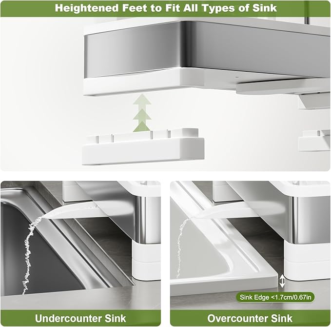 Ewaiira Stainless Steel Sink Caddy, Sponge Holder for Kitchen Sink with Brush Holder & Dishcloth Rack, Rustproof Sink Organizer Countertop, Kitchen Organizers Storage Essentials (E-White 9.8″)