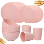 Rubtlamp 16Pcs Plastic Wheat Straw Dinnerware Set, Reusable Plastic Plate Set for 4, Kitchen Plates And Bowls Set (Pink) Include Dinner Platos, Dessert Platos, Cereal Bowls, Cups for Daily, Camping